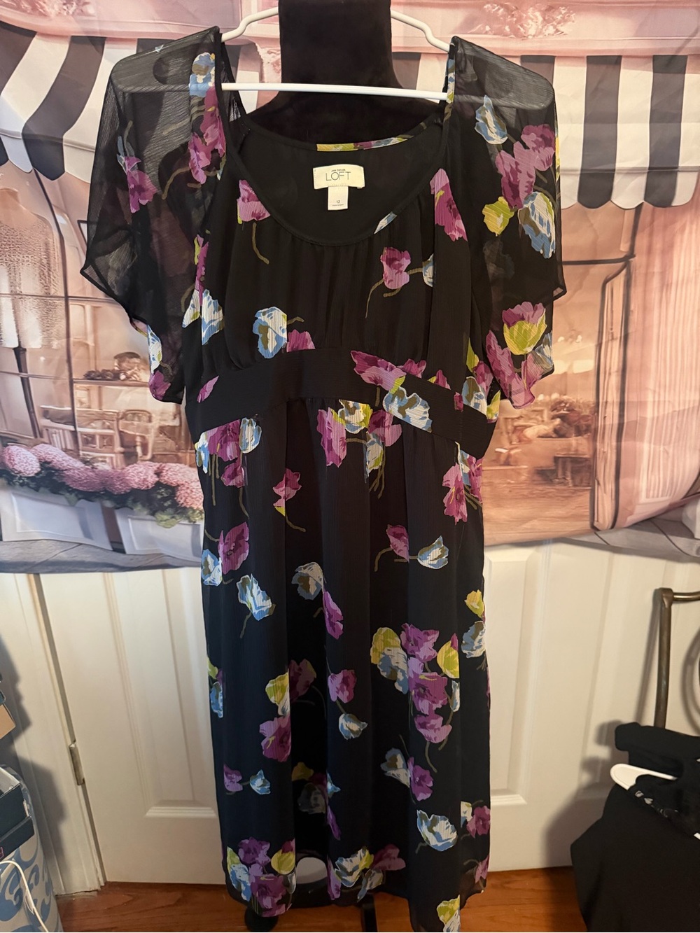 LOFT Black Midi Dress with Purple, Yellow & Blue Floral Print